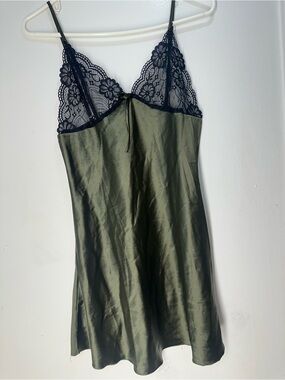 Olive Satin Slip with Black Lace Trim - Women's Chemise